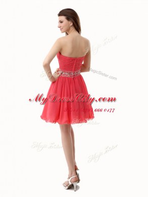 Watermelon Red Sweetheart Neckline Beading and Ruching Prom Dresses Sleeveless Zipper