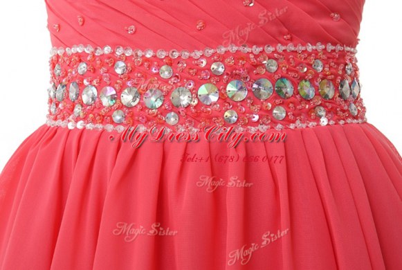 Watermelon Red Sweetheart Neckline Beading and Ruching Prom Dresses Sleeveless Zipper