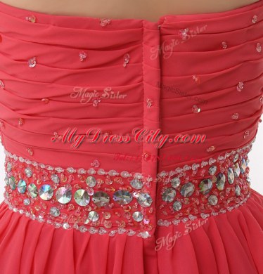 Watermelon Red Sweetheart Neckline Beading and Ruching Prom Dresses Sleeveless Zipper