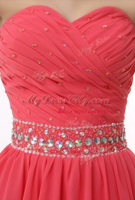 Watermelon Red Sweetheart Neckline Beading and Ruching Prom Dresses Sleeveless Zipper