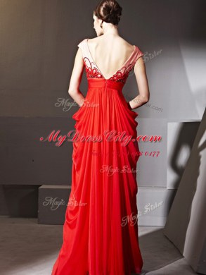 Excellent Red Zipper Evening Dress Beading and Appliques and Ruching Cap Sleeves Floor Length