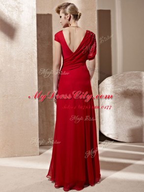 Column/Sheath Red V-neck Organza Short Sleeves Floor Length Side Zipper