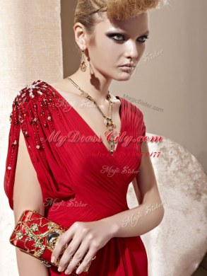 Column/Sheath Red V-neck Organza Short Sleeves Floor Length Side Zipper