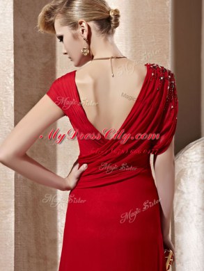 Column/Sheath Red V-neck Organza Short Sleeves Floor Length Side Zipper