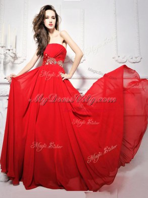 Smart Strapless Sleeveless Chiffon Prom Gown Beading and Ruching Brush Train Lace Up