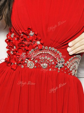 Smart Strapless Sleeveless Chiffon Prom Gown Beading and Ruching Brush Train Lace Up