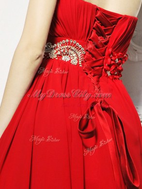 Smart Strapless Sleeveless Chiffon Prom Gown Beading and Ruching Brush Train Lace Up