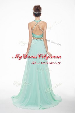 Apple Green Scoop Neckline Beading Prom Gown Sleeveless Criss Cross