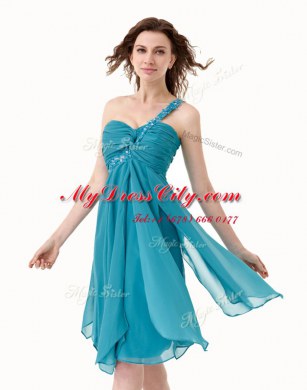 Charming One Shoulder Sleeveless Knee Length Beading and Ruffles Side Zipper Prom Gown with Teal