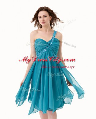 Charming One Shoulder Sleeveless Knee Length Beading and Ruffles Side Zipper Prom Gown with Teal