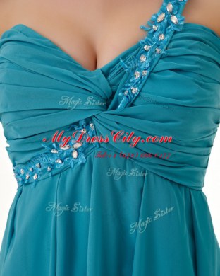 Charming One Shoulder Sleeveless Knee Length Beading and Ruffles Side Zipper Prom Gown with Teal