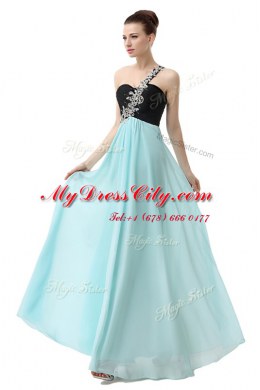 Fantastic Blue And Black Empire One Shoulder Sleeveless Chiffon Floor Length Zipper Beading and Ruffles Evening Dress