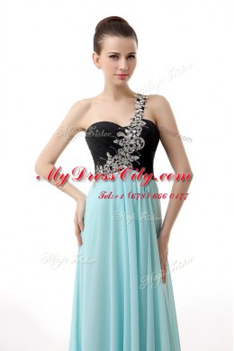 Fantastic Blue And Black Empire One Shoulder Sleeveless Chiffon Floor Length Zipper Beading and Ruffles Evening Dress