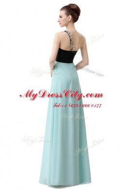 Fantastic Blue And Black Empire One Shoulder Sleeveless Chiffon Floor Length Zipper Beading and Ruffles Evening Dress