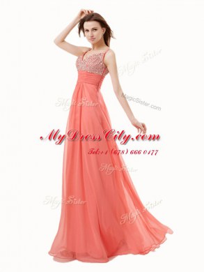 Customized Watermelon Red Empire Beading Prom Dresses Side Zipper Chiffon Sleeveless Floor Length