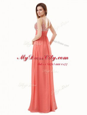 Customized Watermelon Red Empire Beading Prom Dresses Side Zipper Chiffon Sleeveless Floor Length