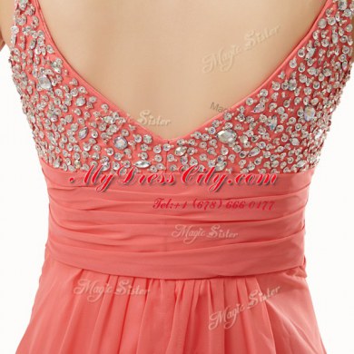 Customized Watermelon Red Empire Beading Prom Dresses Side Zipper Chiffon Sleeveless Floor Length