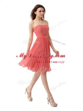 Strapless Sleeveless Chiffon Casual Dresses Beading and Pleated Zipper