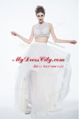 Glittering Scoop White Chiffon Zipper Prom Evening Gown Sleeveless Floor Length Beading and Lace