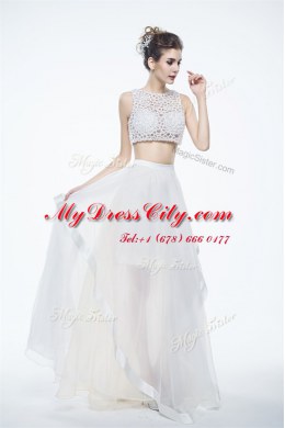 Glittering Scoop White Chiffon Zipper Prom Evening Gown Sleeveless Floor Length Beading and Lace