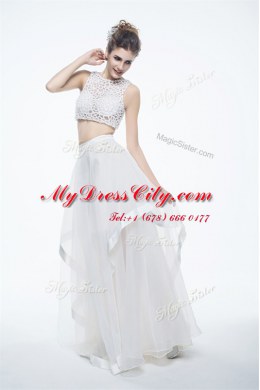 Glittering Scoop White Chiffon Zipper Prom Evening Gown Sleeveless Floor Length Beading and Lace