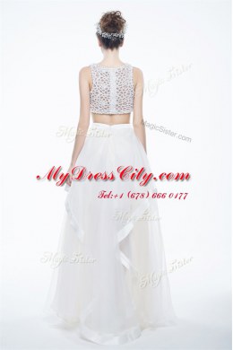 Glittering Scoop White Chiffon Zipper Prom Evening Gown Sleeveless Floor Length Beading and Lace