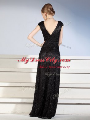 Ideal Black Cap Sleeves With Train Beading and Lace Side Zipper Homecoming Dress