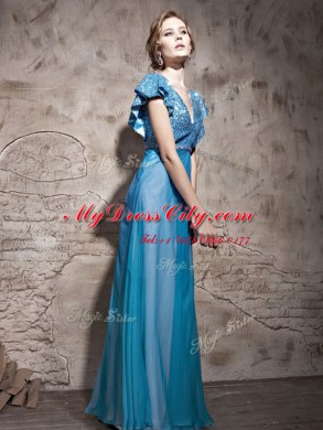 V-neck Cap Sleeves Prom Evening Gown Floor Length Sequins Teal Tulle