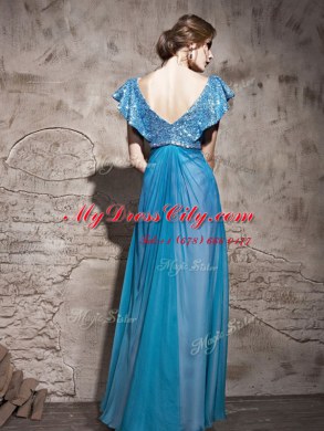 V-neck Cap Sleeves Prom Evening Gown Floor Length Sequins Teal Tulle