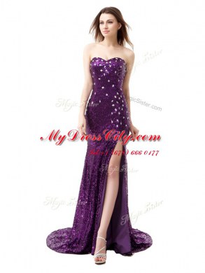 Dynamic Mermaid Floor Length Purple Prom Gown Sweetheart Sleeveless Brush Train Side Zipper