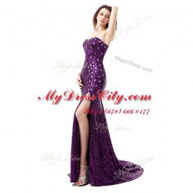 Dynamic Mermaid Floor Length Purple Prom Gown Sweetheart Sleeveless Brush Train Side Zipper