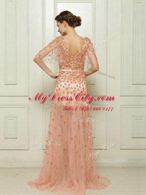 Peach Prom Evening Gown Prom and Party and For with Beading and Appliques V-neck Cap Sleeves Brush Train Zipper