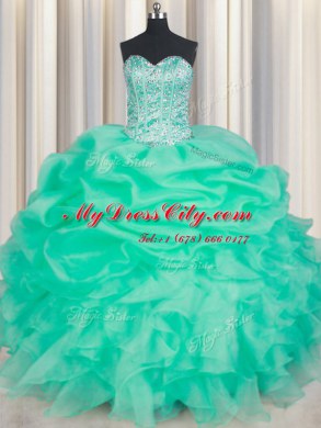 Apple Green Sweet 16 Dress Military Ball and Sweet 16 and Quinceanera and For with Beading and Ruffles and Pick Ups Sweetheart Sleeveless Lace Up