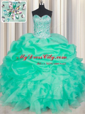 Apple Green Sweet 16 Dress Military Ball and Sweet 16 and Quinceanera and For with Beading and Ruffles and Pick Ups Sweetheart Sleeveless Lace Up