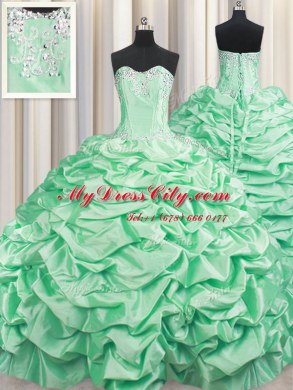 Fitting With Train Lace Up Ball Gown Prom Dress Apple Green for Military Ball and Sweet 16 and Quinceanera with Beading and Pick Ups Brush Train