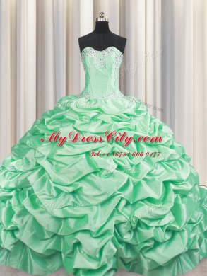 Fitting With Train Lace Up Ball Gown Prom Dress Apple Green for Military Ball and Sweet 16 and Quinceanera with Beading and Pick Ups Brush Train