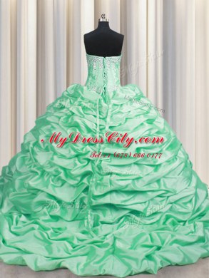 Fitting With Train Lace Up Ball Gown Prom Dress Apple Green for Military Ball and Sweet 16 and Quinceanera with Beading and Pick Ups Brush Train