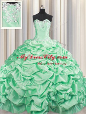 Fitting With Train Lace Up Ball Gown Prom Dress Apple Green for Military Ball and Sweet 16 and Quinceanera with Beading and Pick Ups Brush Train