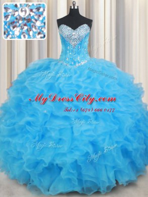 Clearance Ruffled Ball Gowns Ball Gown Prom Dress Baby Blue Sweetheart Organza Sleeveless Floor Length Lace Up