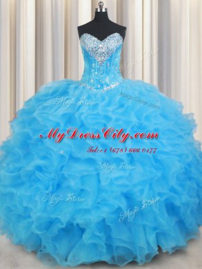 Clearance Ruffled Ball Gowns Ball Gown Prom Dress Baby Blue Sweetheart Organza Sleeveless Floor Length Lace Up