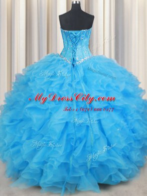 Clearance Ruffled Ball Gowns Ball Gown Prom Dress Baby Blue Sweetheart Organza Sleeveless Floor Length Lace Up