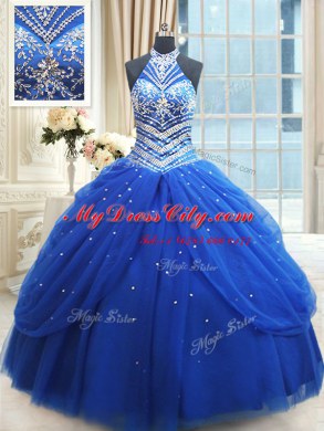 Pretty Royal Blue Ball Gowns Tulle Halter Top Sleeveless Beading and Pick Ups Floor Length Lace Up Sweet 16 Dresses