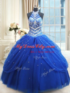 Pretty Royal Blue Ball Gowns Tulle Halter Top Sleeveless Beading and Pick Ups Floor Length Lace Up Sweet 16 Dresses