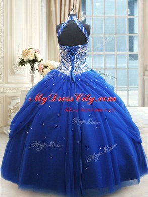 Pretty Royal Blue Ball Gowns Tulle Halter Top Sleeveless Beading and Pick Ups Floor Length Lace Up Sweet 16 Dresses