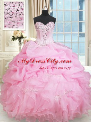 Rose Pink Organza Lace Up Sweetheart Sleeveless Floor Length Ball Gown Prom Dress Beading and Ruffles and Pick Ups