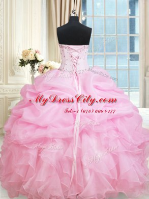 Rose Pink Organza Lace Up Sweetheart Sleeveless Floor Length Ball Gown Prom Dress Beading and Ruffles and Pick Ups