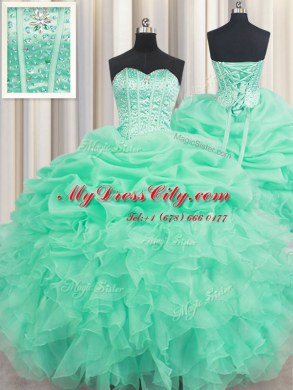 Hot Sale Apple Green Ball Gowns Beading and Ruffles and Pick Ups 15 Quinceanera Dress Lace Up Organza Sleeveless Floor Length