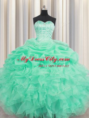 Hot Sale Apple Green Ball Gowns Beading and Ruffles and Pick Ups 15 Quinceanera Dress Lace Up Organza Sleeveless Floor Length