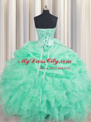 Hot Sale Apple Green Ball Gowns Beading and Ruffles and Pick Ups 15 Quinceanera Dress Lace Up Organza Sleeveless Floor Length