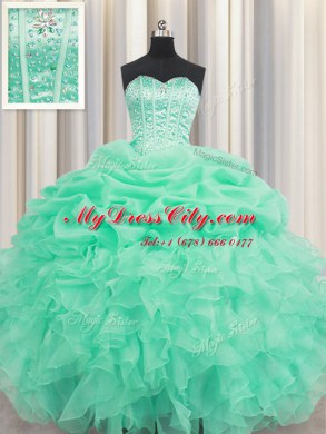 Hot Sale Apple Green Ball Gowns Beading and Ruffles and Pick Ups 15 Quinceanera Dress Lace Up Organza Sleeveless Floor Length